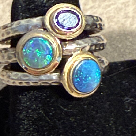 Inaya Sterling Silver 925 and 14K Gold Stack Ring Set w/ Opals & Tanzanite, 5.75 - Picture 1 of 14